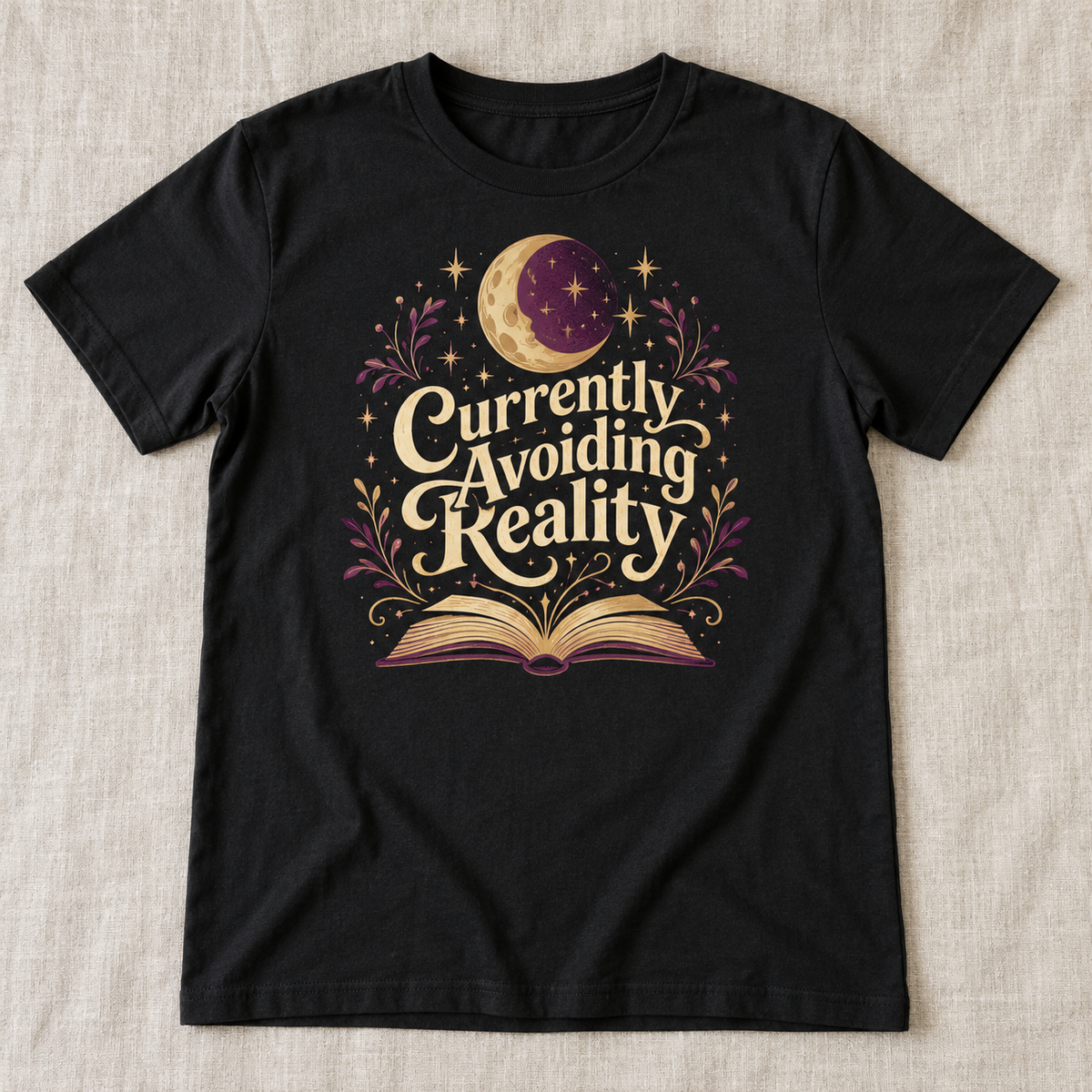 Currently Avoiding Reality tee shown in Black