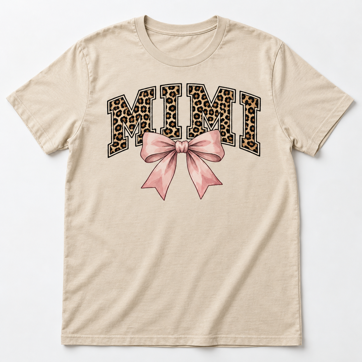Mimi Leopard Bow tee mockup in Sand