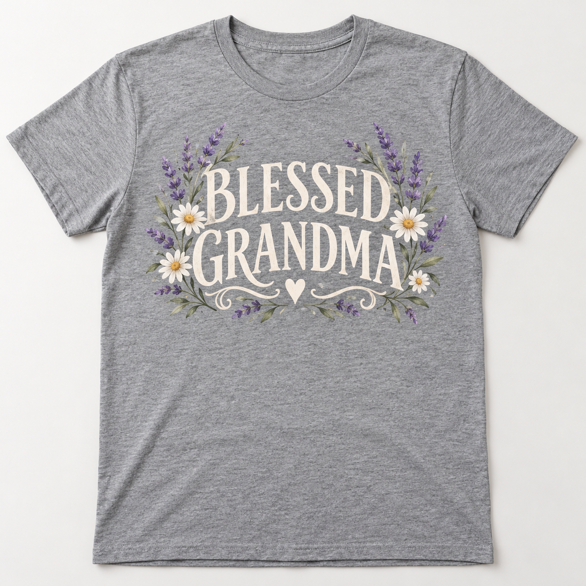 Grandma Blessed Blooms tee mockup in Heather Gray