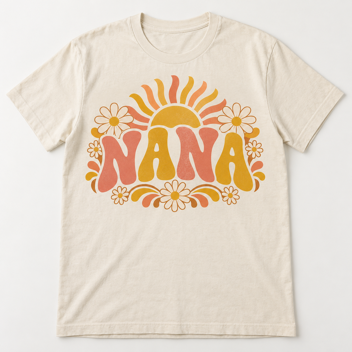 Nana Retro Sunshine tee mockup in Natural