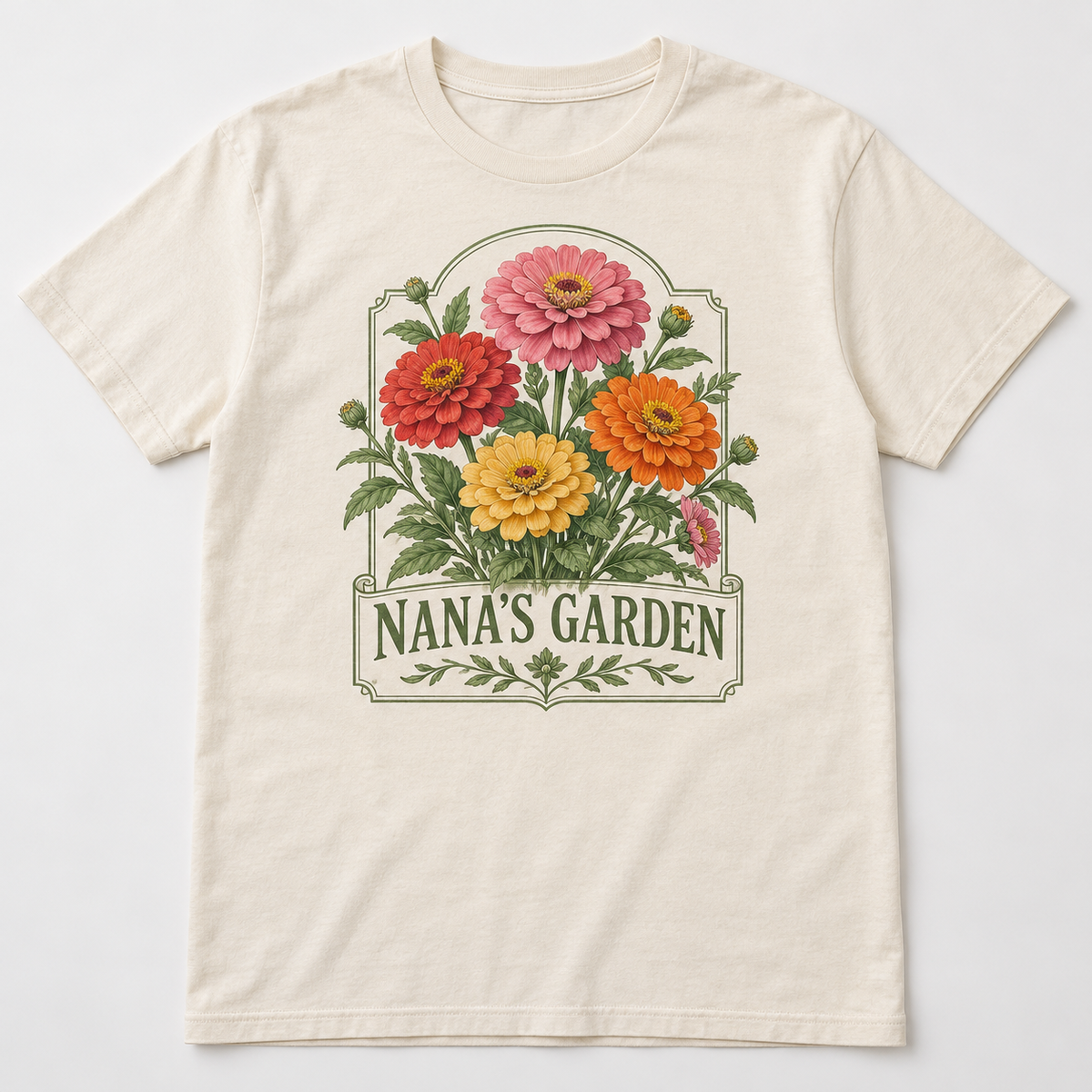 Nana Garden Queen tee mockup in Natural