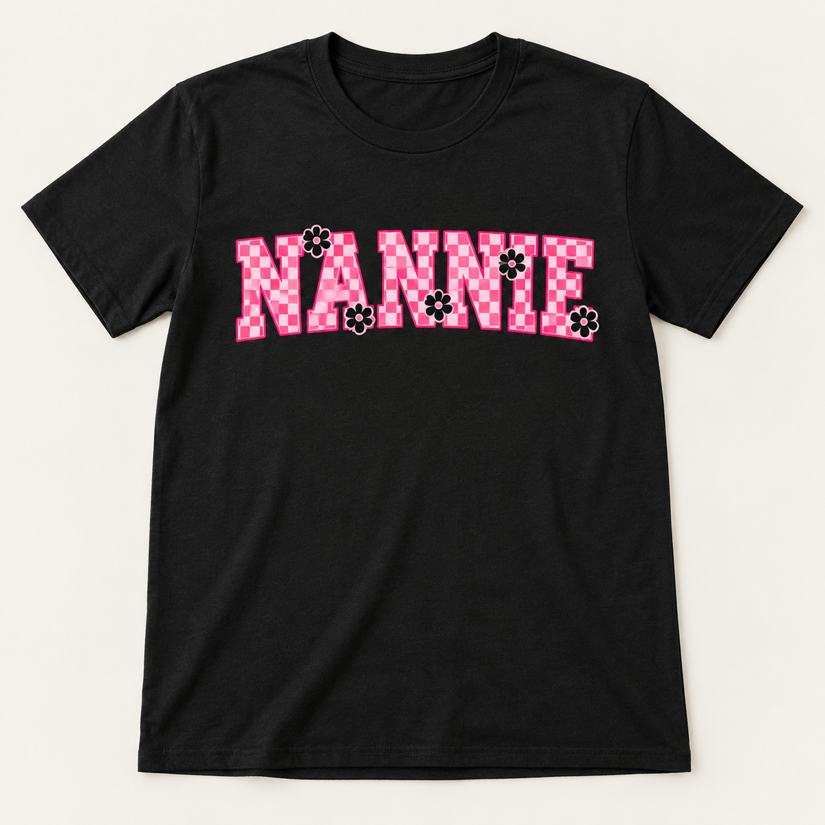 Nannie Pink Checkered tee mockup in Black