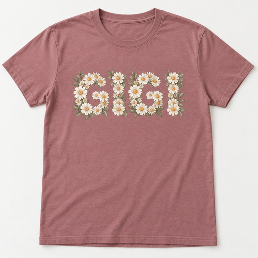 Gigi Daisy Letters tee mockup in Mauve