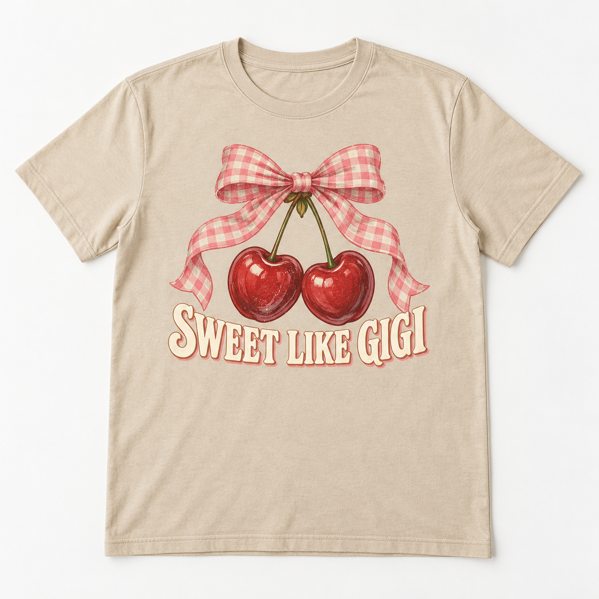 Gigi Cherry Sweet tee mockup in Sand