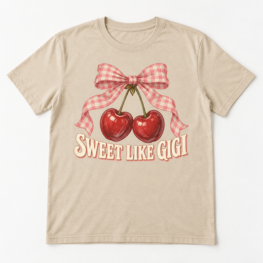 Gigi Cherry Sweet tee mockup in Sand