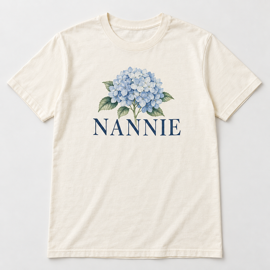 Nannie Hydrangea tee mockup in Ivory