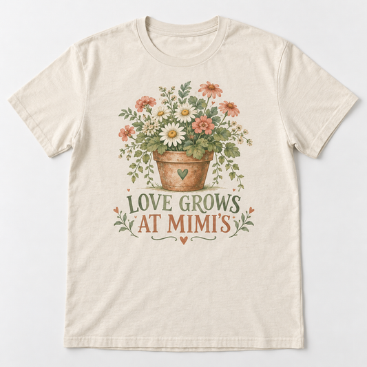 Mimi Love Grows tee mockup in Natural