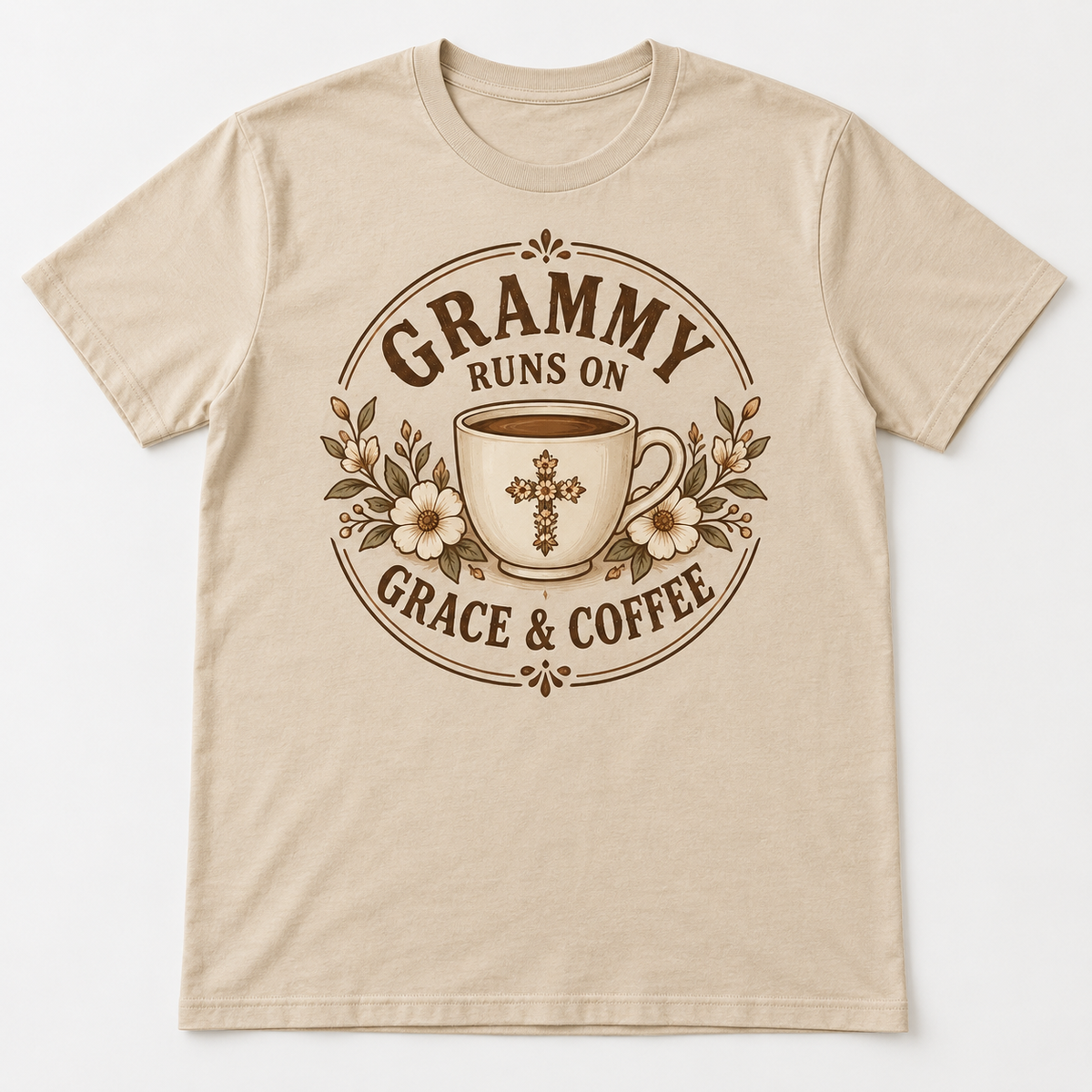 Grammy Grace And Coffee tee mockup in Sand