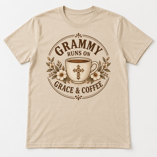 Grammy Grace And Coffee tee mockup in Sand