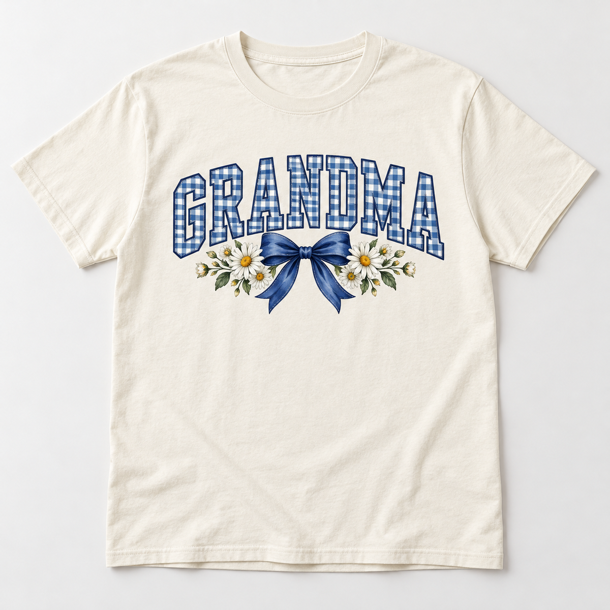 Grandma Blue Gingham tee mockup in Ivory