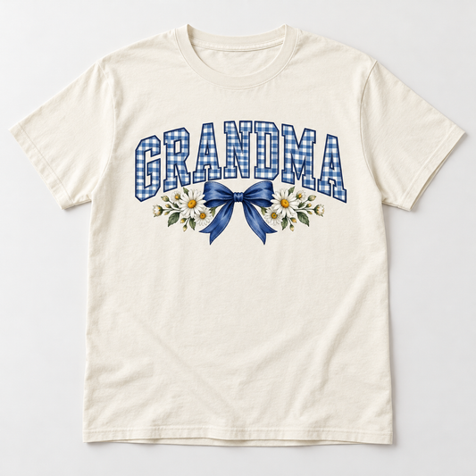 Grandma Blue Gingham tee mockup in Ivory
