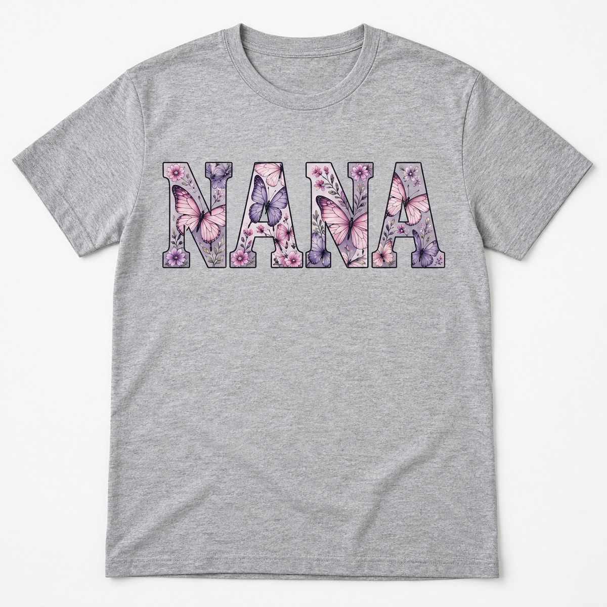Nana Butterfly Love tee mockup in Heather Gray