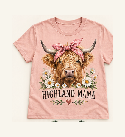 Highland Mama pink tee mockup