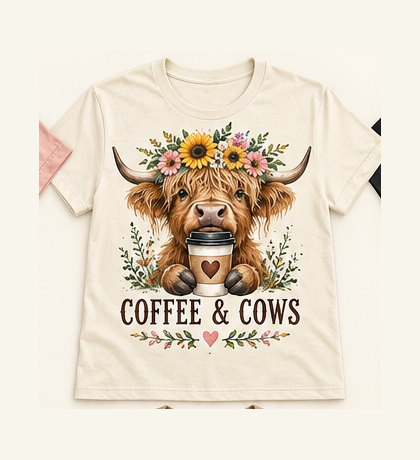 Coffee & Cows Highland cow tee mockup