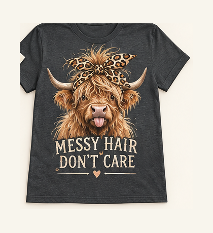 Messy Hair Don't Care Highland cow tee mockup