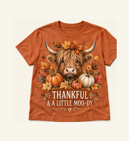Thankful & a Little Moo-dy Highland cow tee mockup