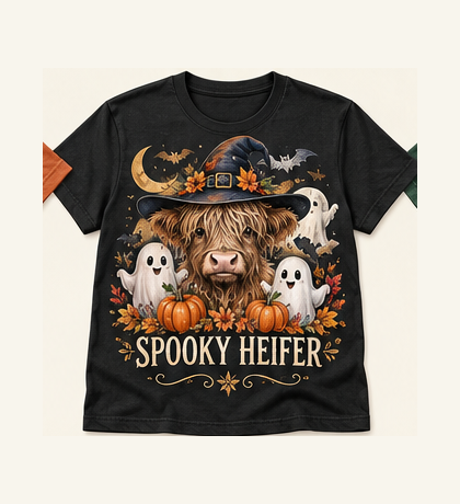 Spooky Heifer Highland cow tee mockup