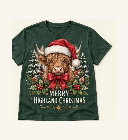 Merry Highland Christmas Highland cow tee mockup
