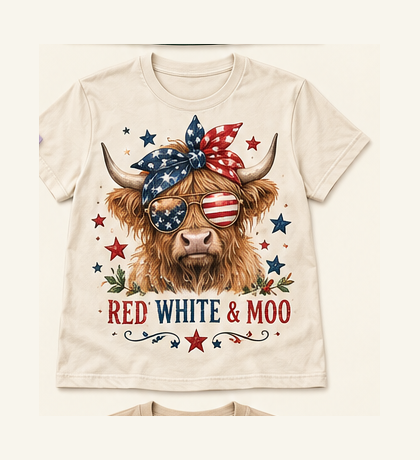 Red White & Moo Highland cow tee mockup