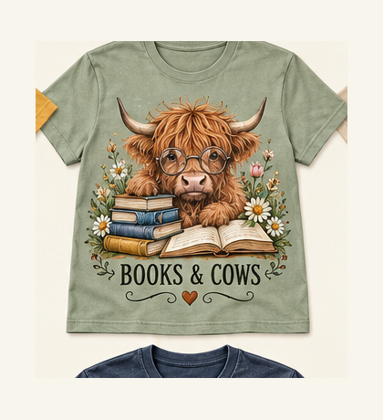 Books & Cows Highland cow tee mockup