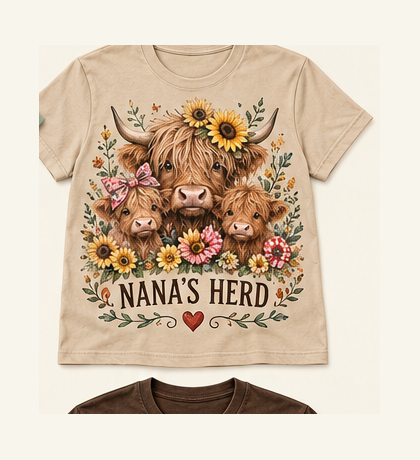Nana's Herd Highland cow tee mockup