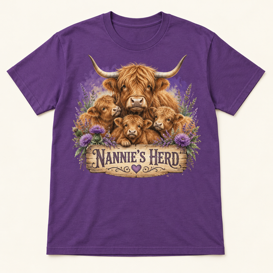 Nannie's Herd Highland cow tee mockup