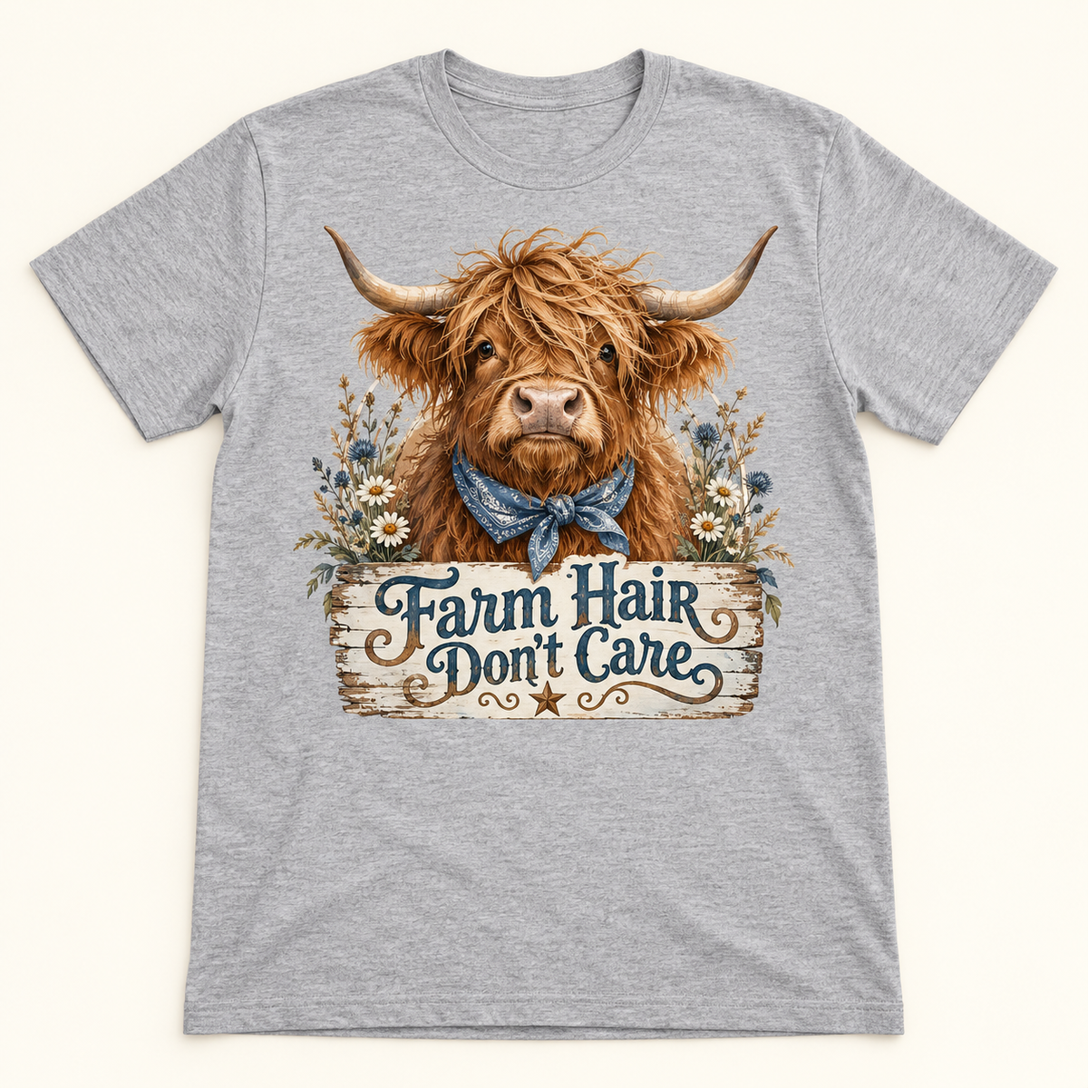 Farm Hair Don't Care Highland cow tee mockup