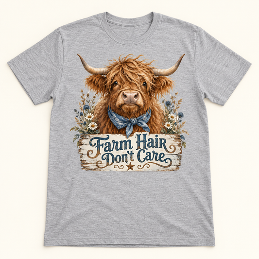 Farm Hair Don't Care Highland cow tee mockup