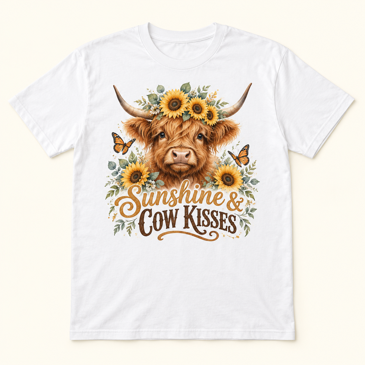Sunshine & Cow Kisses Highland cow tee mockup