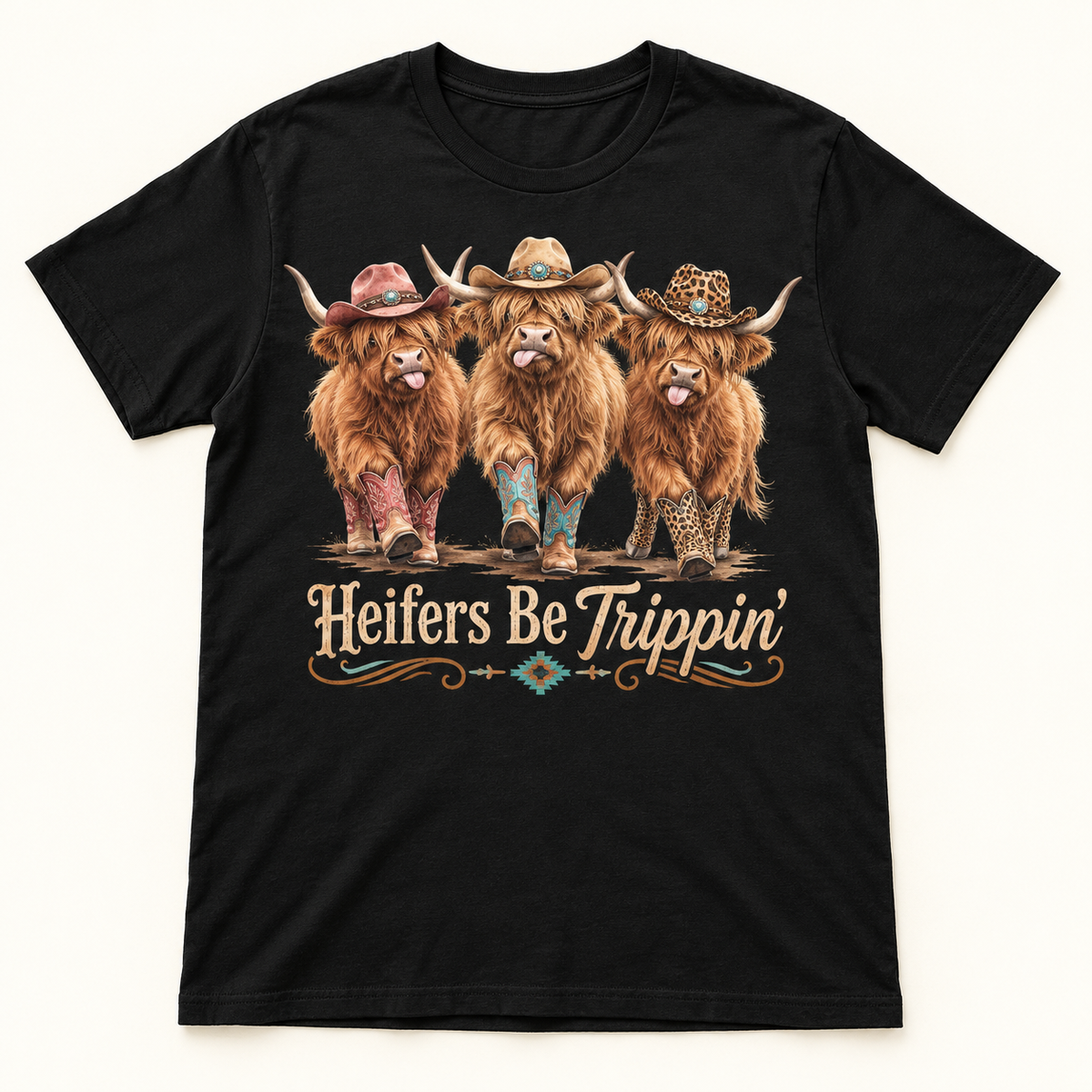 Heifers Be Trippin' Highland cow tee mockup