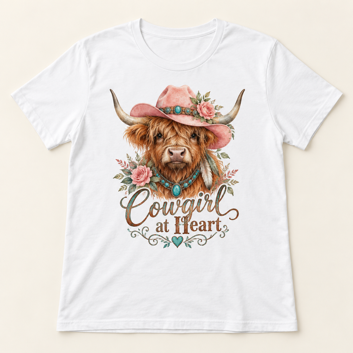 Cowgirl at Heart Highland cow tee mockup