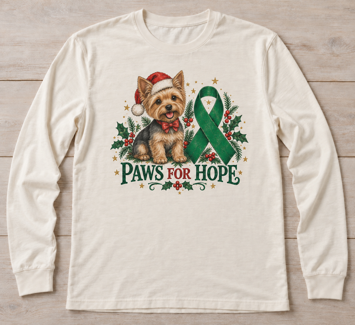Paws for Hope — Yorkie Santa kidney awareness long sleeve tee