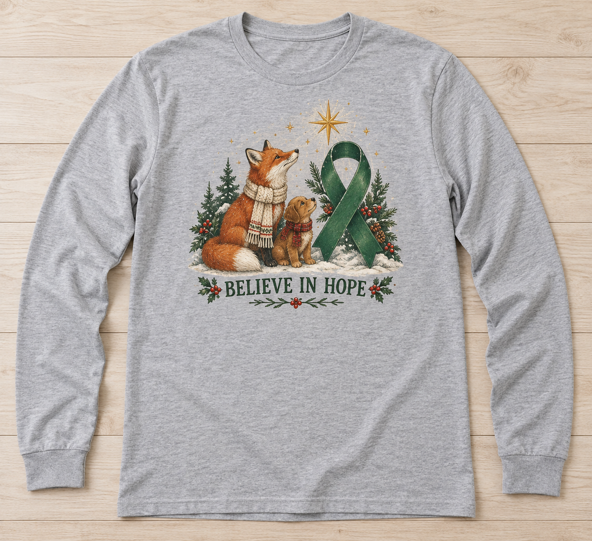 Believe in Hope — Fox & Puppy green ribbon kidney awareness long sleeve tee
