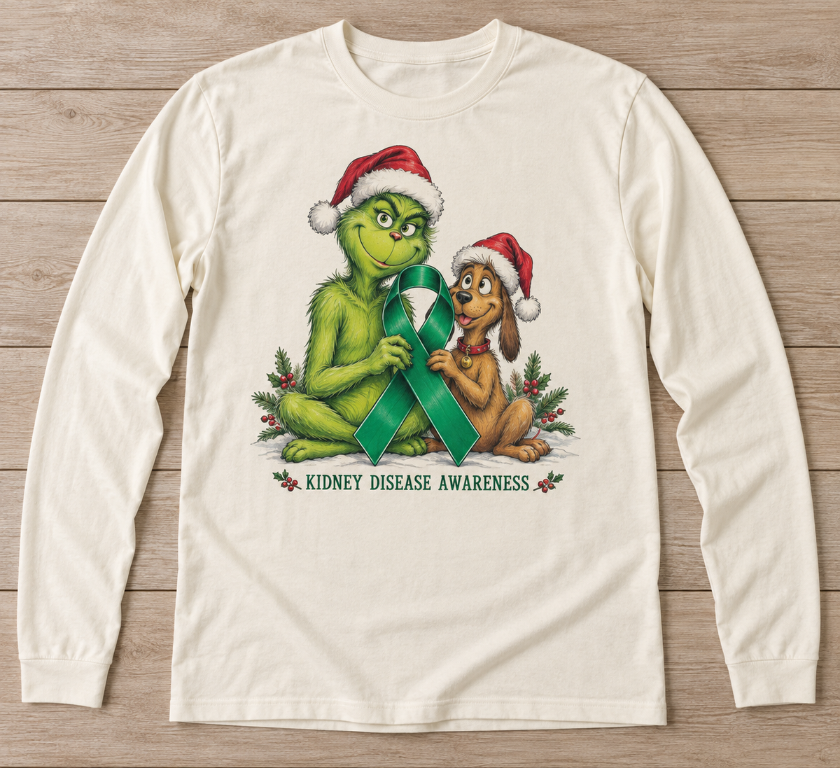 Grinch & Max — Kidney Disease Awareness green ribbon kidney awareness long sleeve tee