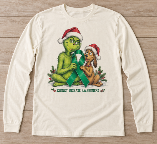 Grinch & Max — Kidney Disease Awareness green ribbon kidney awareness long sleeve tee