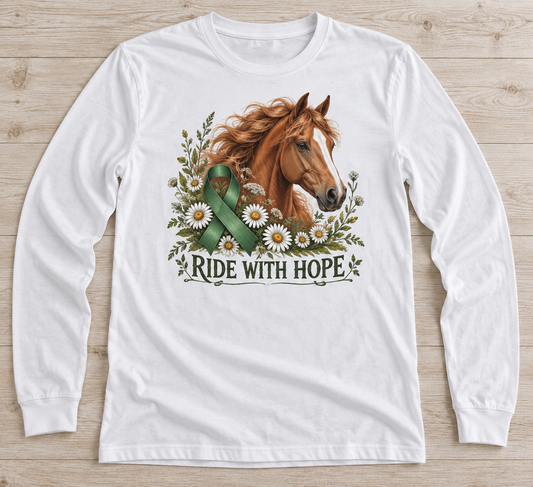 Ride with Hope — Horse green ribbon kidney awareness long sleeve tee