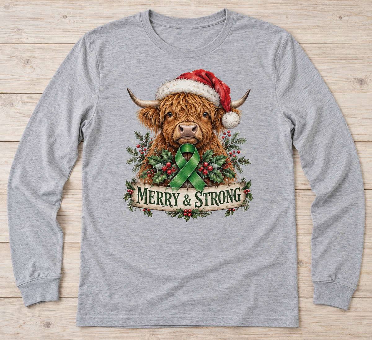 Merry & Strong — Christmas Highland Cow green ribbon kidney awareness long sleeve tee