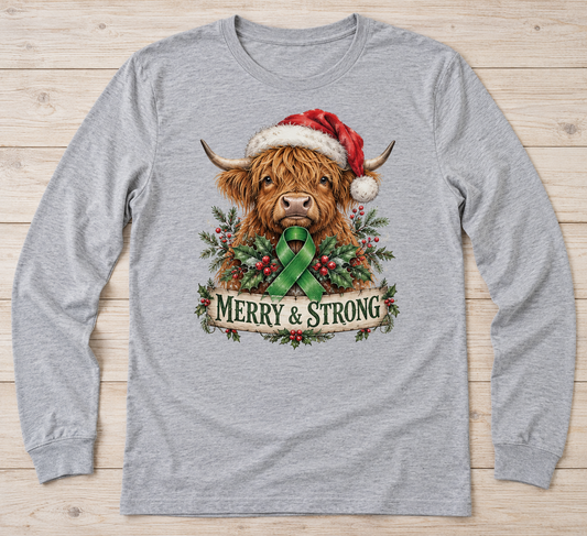 Merry & Strong — Christmas Highland Cow green ribbon kidney awareness long sleeve tee