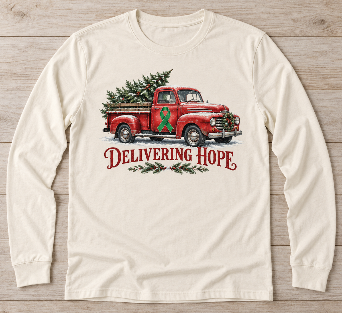 Delivering Hope — Christmas Truck green ribbon kidney awareness long sleeve tee