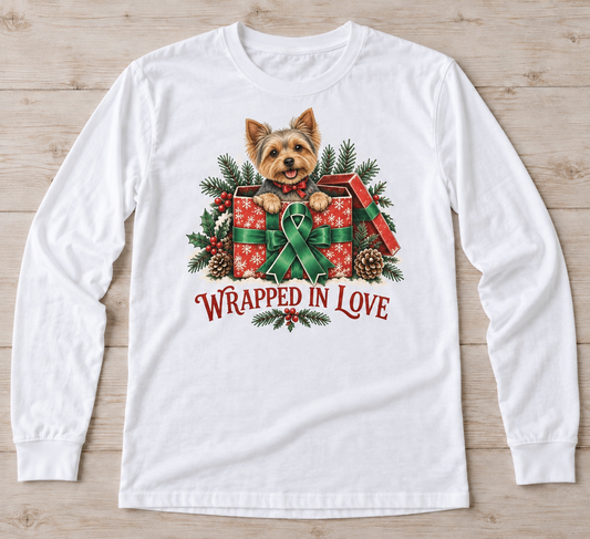 Wrapped in Love — Yorkie green ribbon kidney awareness long sleeve tee