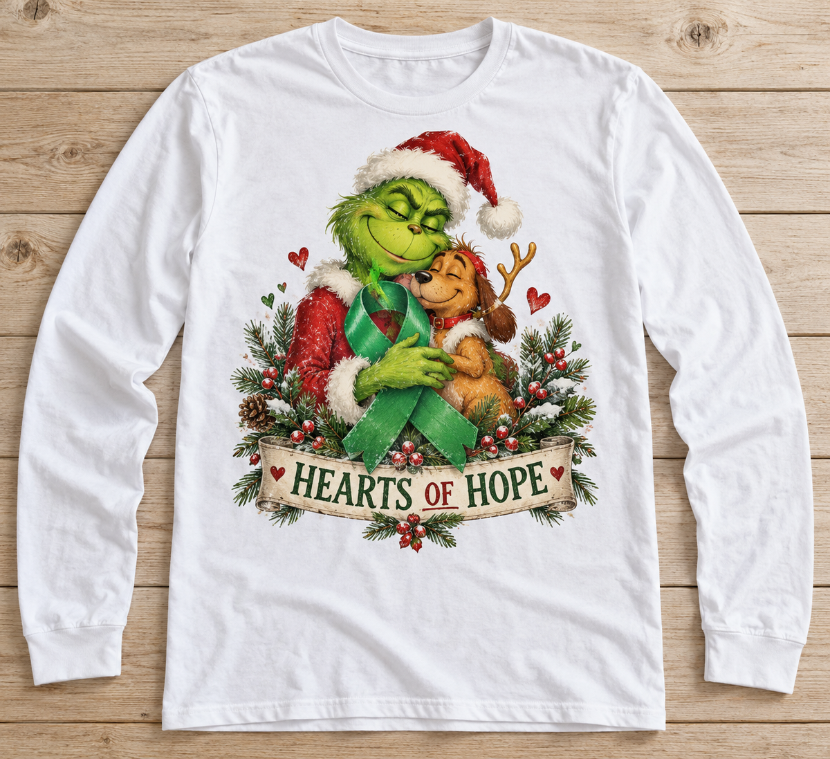 Grinch & Max — Hearts of Hope green ribbon kidney awareness long sleeve tee