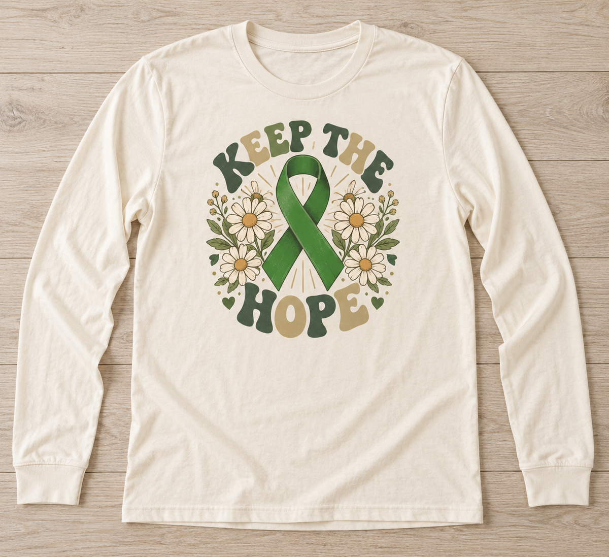 Keep the Hope — Retro Daisies green ribbon kidney awareness long sleeve tee