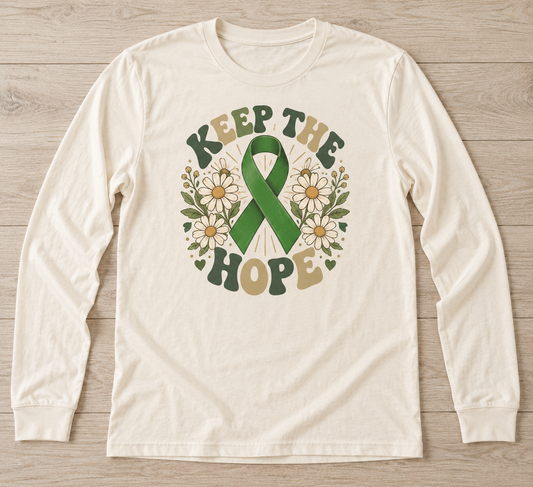 Keep the Hope — Retro Daisies green ribbon kidney awareness long sleeve tee