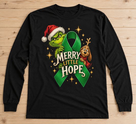 Grinch & Max — Merry Little Hope green ribbon kidney awareness long sleeve tee