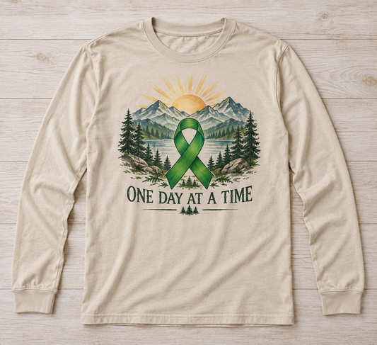 One Day at a Time green ribbon kidney awareness long sleeve tee