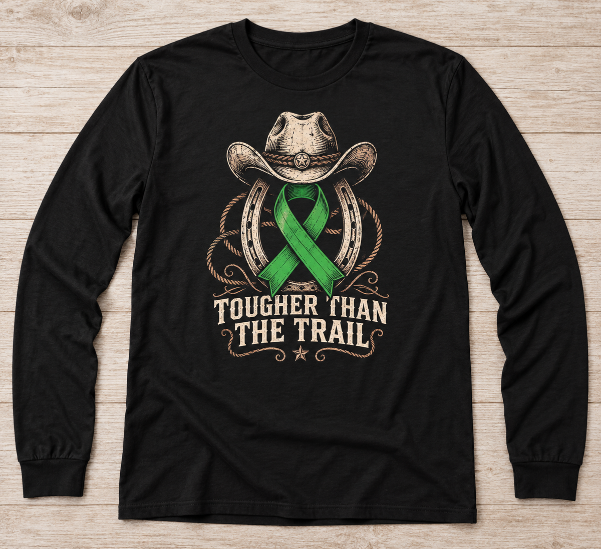 Tougher Than the Trail — Cowboy green ribbon kidney awareness long sleeve tee