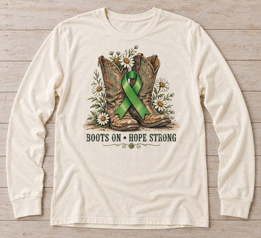 Boots On — Hope Strong green ribbon kidney awareness long sleeve tee