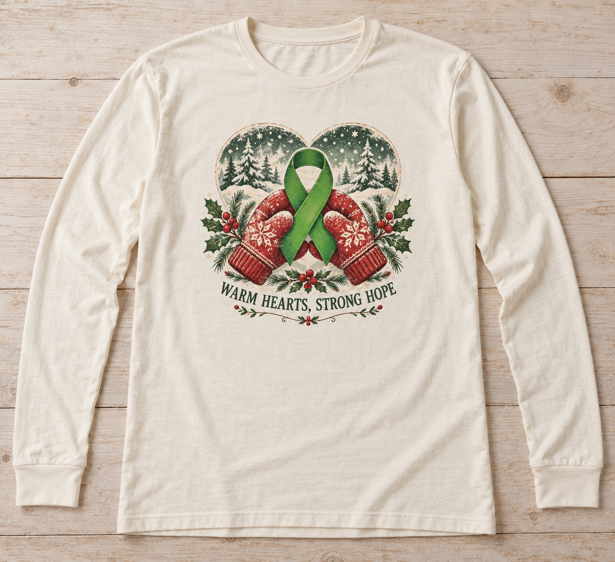Warm Hearts — Strong Hope green ribbon kidney awareness long sleeve tee