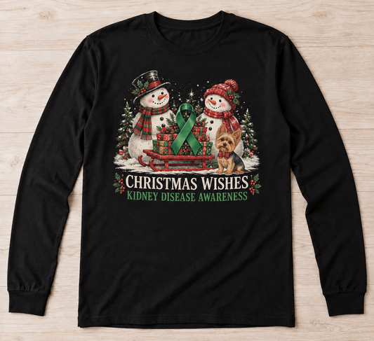 Christmas Wishes — Yorkie & Snowmen green ribbon kidney awareness long sleeve tee