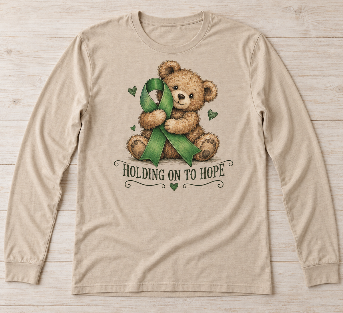 Holding On to Hope — Teddy Bear green ribbon kidney awareness long sleeve tee